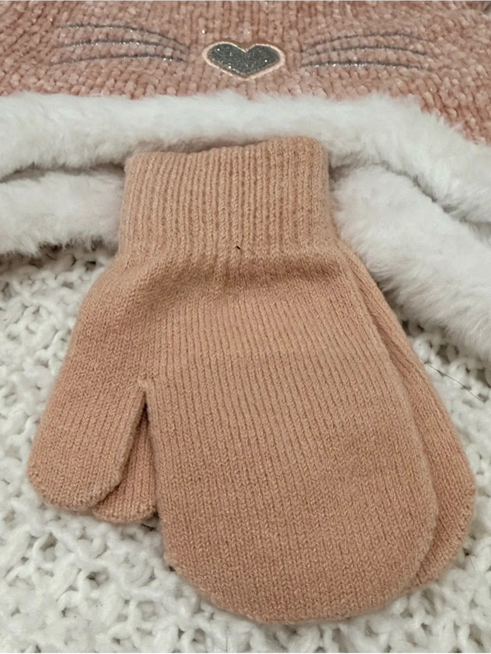 Capelli New York Kids' Beanie With Faux Fur  & Mittens Set in blush size 2-4T